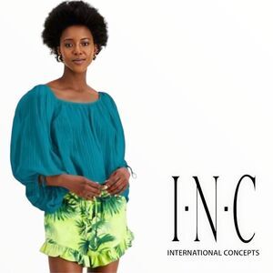 INC International Concepts | Teal | COTTON TIE BACK PEASANT TOP